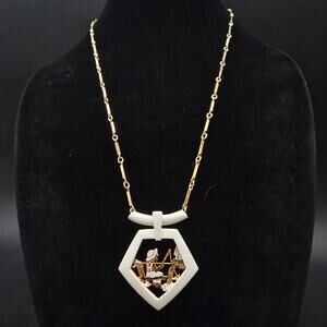 Vintage Fishing Scene Pendant Necklace Gold Tone White Enamel